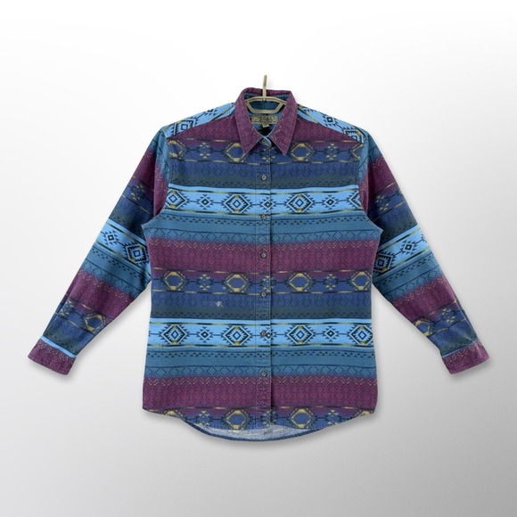 Cabela's Tops - Cabela's Womens L Southwestern Geometric Flannel Shirt Blue Cotton Button Up
